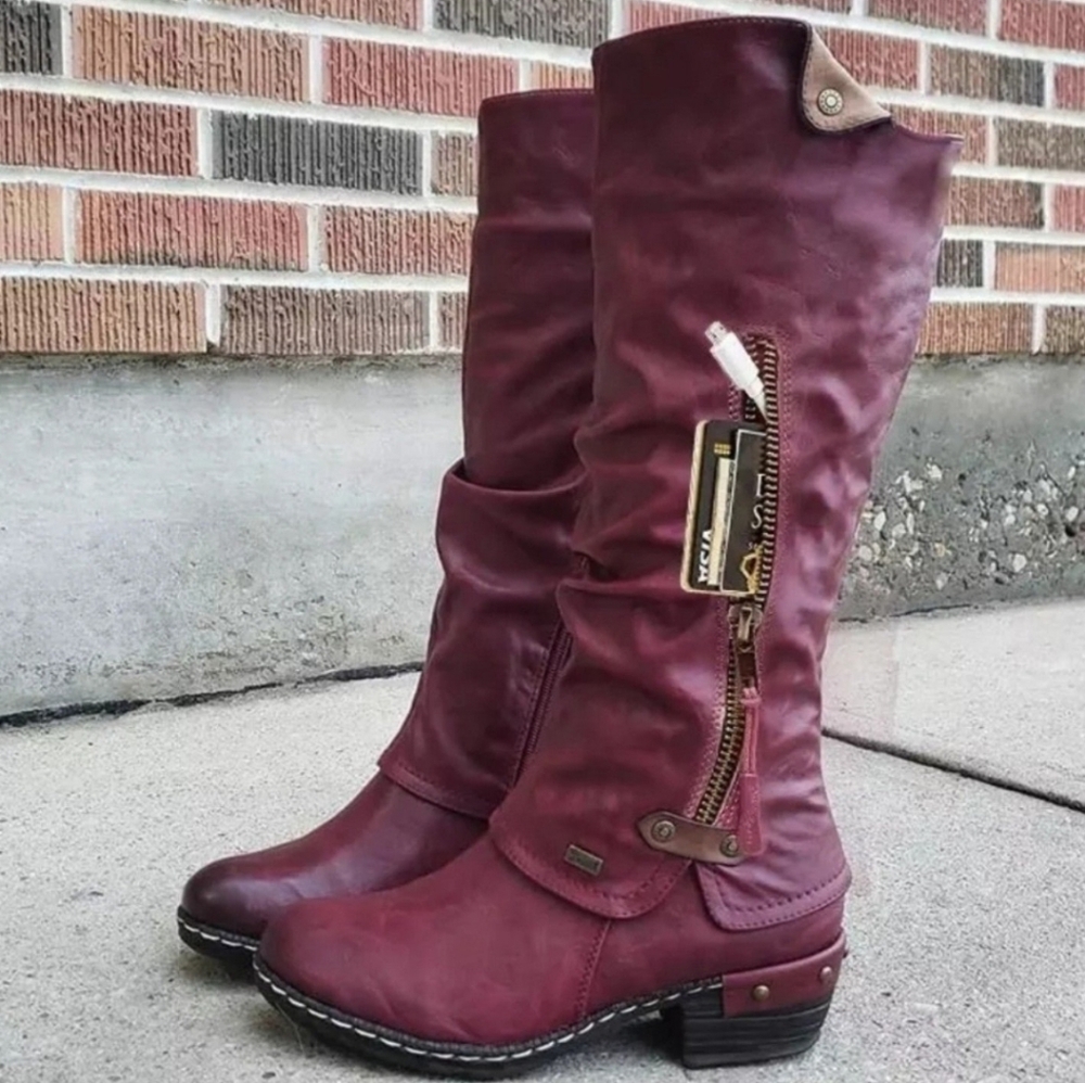 Burgundy boots with hidden pocket on each boot
